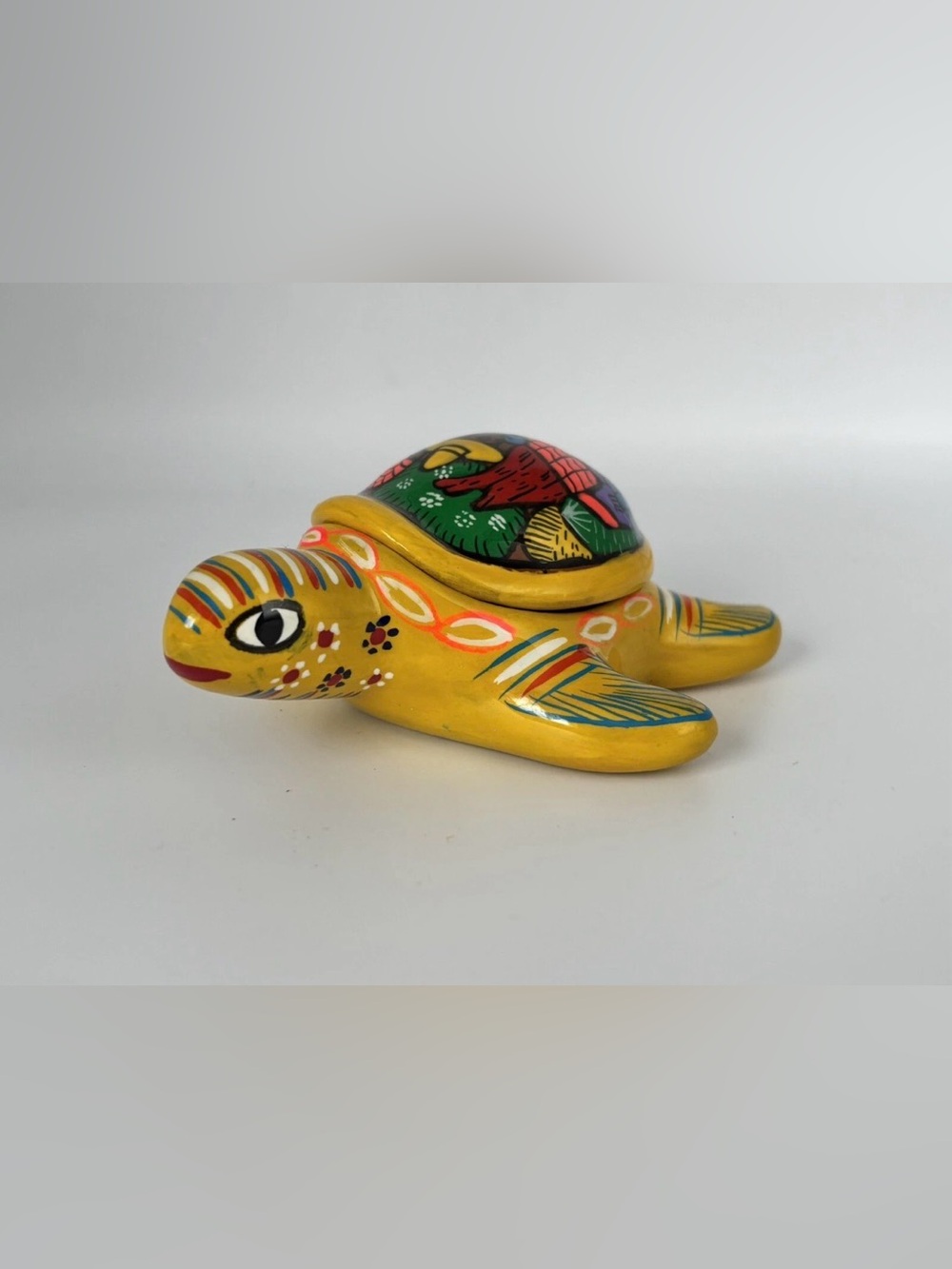 Mexican Turtle Trinket Box Yellow Hand Painted Red Clay Pottery Mexico Folk Art